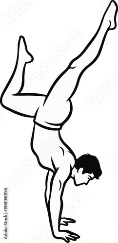 A man in a handstand pose, legs bent, arms supporting