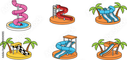 Collection of colorful water slide vector designs featuring spiral, twisty, double, and tropical themed amusement park attractions