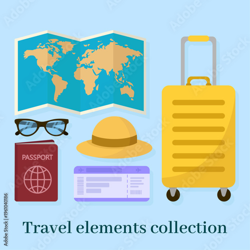 Travel elements collection yellow suitcase, world map, passport and flight tickets for summer holiday journey and trip planning banner