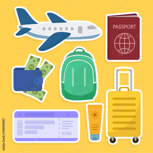Travel essentials sticker collection with airplane and luggage passport, suitcase, and boarding pass