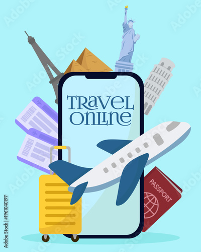 Online travel booking concept with smartphone, airplane and world famous landmarks, flat illustration for mobile app services and vacation planning