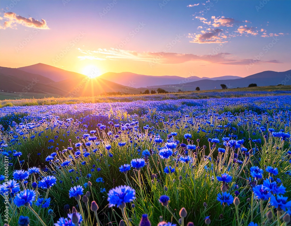 Naklejka premium Blue cornflowers field sunset mountains