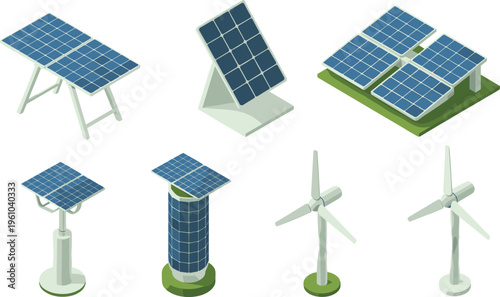 Renewable energy icons set with solar panels and wind turbines isolated on white background, green technology, sustainable power, clean energy