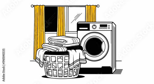 A laundry basket full of folded towels sits next to a washing machine