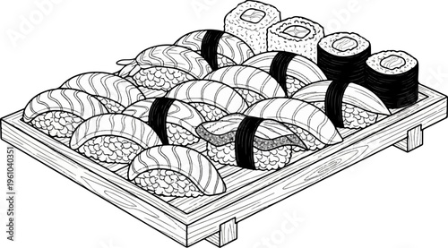 A detailed illustration of a wooden platter filled with various types of sushi and rolls