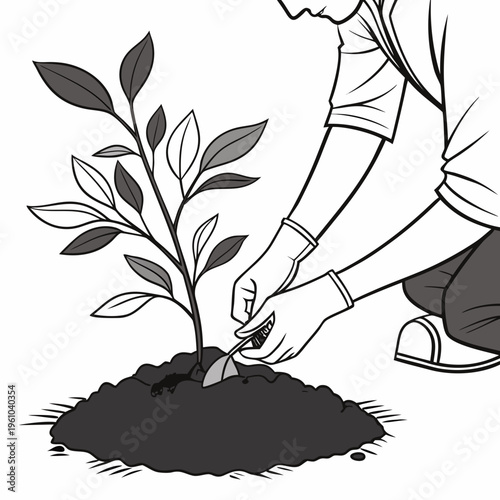 Black and white of planting a tree planting single person