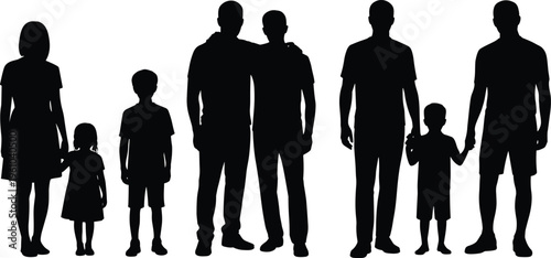 Family silhouettes with parents and children standing together isolated on white background, love, relationship, parenting, lifestyle, unity concept