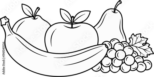 A still life drawing of a banana, apples, pear, and grapes with leaves