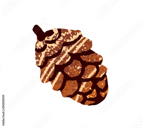 Pinecone with snow texture. Pine, cedar or fir cone. Design element of Christmas decoration. Autumn nature decor. Winter ornament. Flat isolated hand drawn vector illustration on white background.