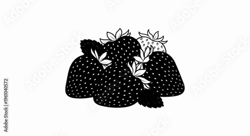 A stylized black and white illustration of a small cluster of ripe strawberries