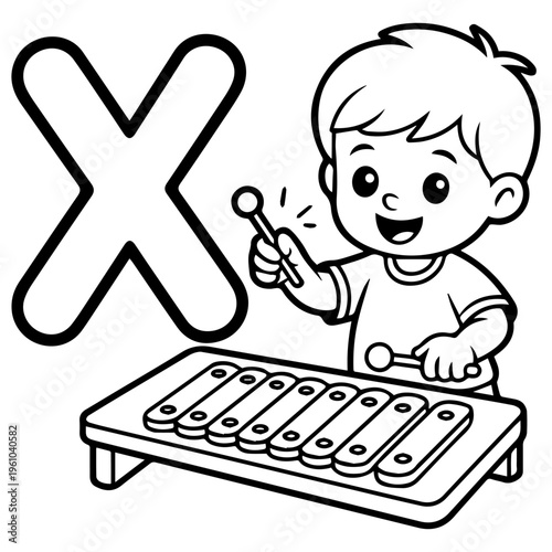Cartoon boy playing xylophone next to letter x for education child