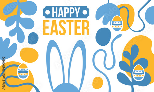 Happy Easter in April. Christian spring holiday. Traditional eggs with patterns. Fun game for children searching for easter eggs. Abstract Floral Shapes. Modern graphic design. Vector Illustration