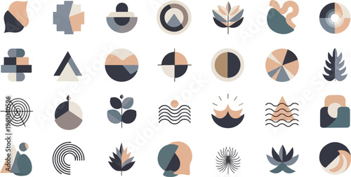 Collection of abstract geometric and organic shapes in muted earth tones