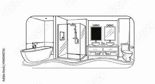 A hand-drawn illustration of a modern bathroom with a tub, shower, and vanity