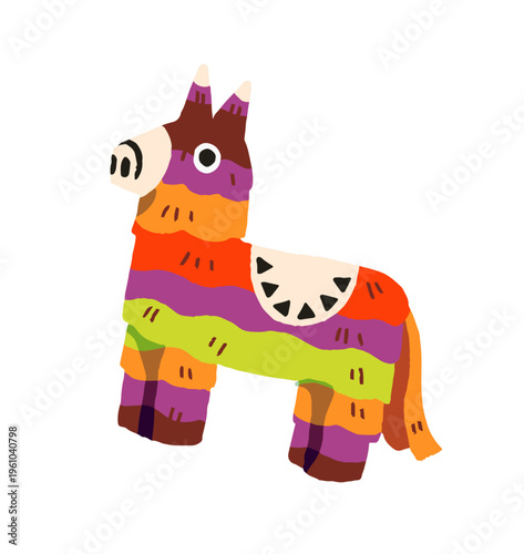 Colourful pinata with candies and shape of llama. Mexican toy to play at Birthday party. Paper donkey for traditional game in culture of Mexico. Flat isolated vector illustration on white background.