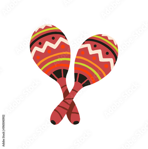 Patterned maracas with traditional ornaments. Latin rattles for fiesta. Mexican percussion music instrument to play samba, salsa in carnival. Flat isolated vector illustration on white background.