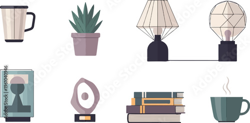 Assorted desk objects including a mug, plant, lamps, trophy, books, and a coffee cup