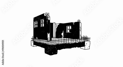 Black and white illustration of a partially constructed, damaged building foundation with windows