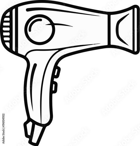 Black and white outline drawing of a personal hairdryer