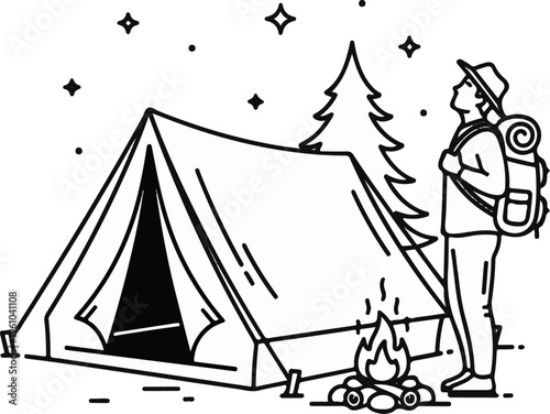 A person with a backpack gazes at stars beside a tent and campfire