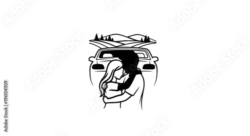 A couple embraces by an open car trunk against a backdrop of rolling hills and trees