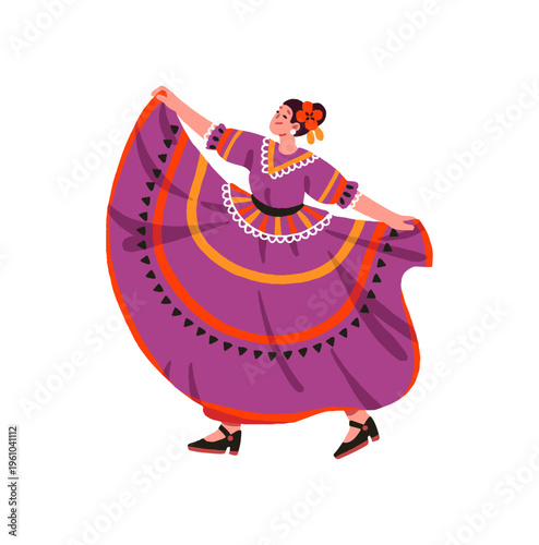 Young woman in ethnic clothes performs traditional Mexican dance. Latin dancer is dancing in ornamented dress for Cinco de Mayo celebration. Flat isolated vector illustration on white background.