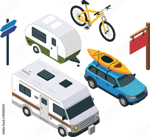 Isometric camping travel set with camper van trailer bicycle kayak SUV road trip adventure outdoor transport vector illustration collection