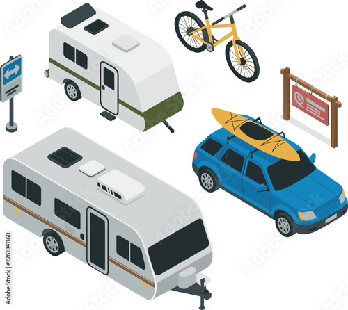 Isometric camping travel set with caravan camper SUV bicycle kayak road trip adventure outdoor tourism transport vector illustration collection