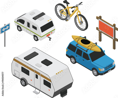 Isometric camping travel set with caravan camper SUV bicycle kayak road trip adventure outdoor tourism transport vector illustration collection