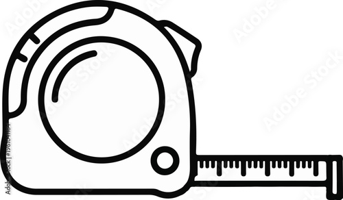A simple black and white outline illustration of a tape measure tool