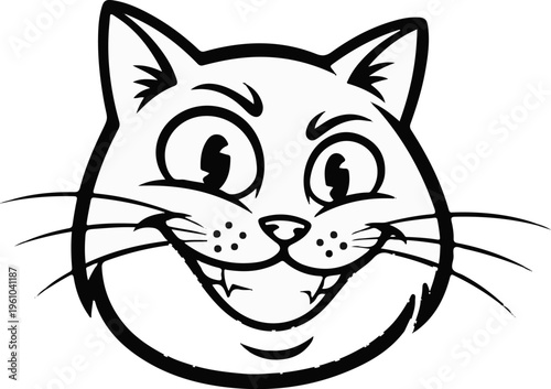 Close-up of a cartoon cat's face with large, expressive eyes and a wide grin