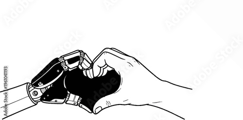 A robotic hand and a human hand form a heart shape, symbolizing connection and collaboration