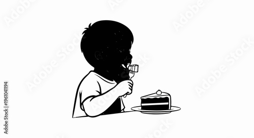 A silhouette of a child joyfully eating cake with a fork