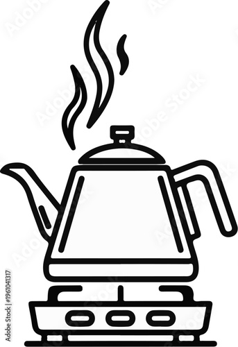 A stovetop kettle boils, releasing steam