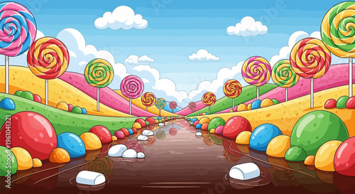 Colorful candy landscape with lollipops and sweets on rolling hills under blue sky