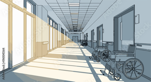 Interior of a sunlit hospital hallway with wheelchairs