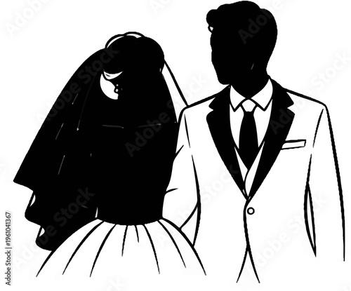 A wedding couple in silhouette bride in veil, groom in tuxedo