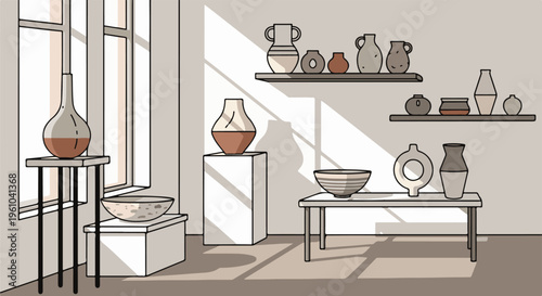 Interior scene displays various ceramic vessels on stands and shelves