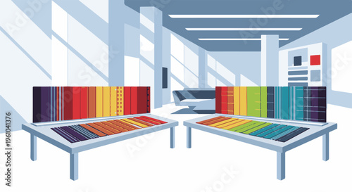 Interior view of a showroom displaying fabric swatches of various colors