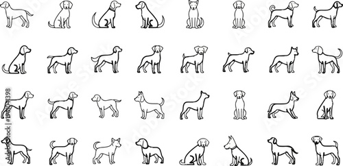 Collection of diverse dog breeds in simple black and white line drawings