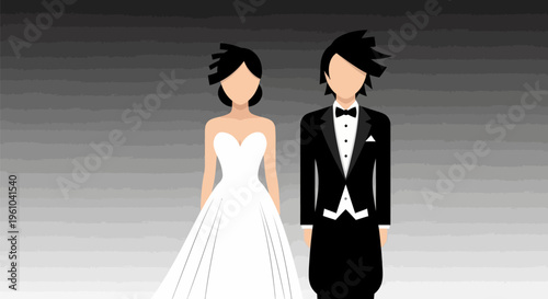 Wedding couple in formal attire standing together happily on a gray background illustration of bride and groom in love