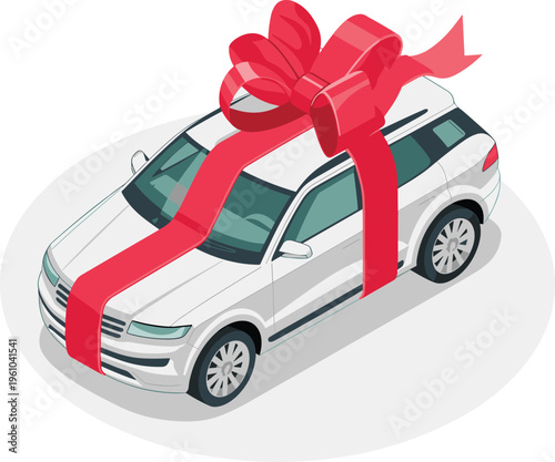 Isometric white luxury SUV with red ribbon bow, car gift concept celebration purchase surprise premium automobile holiday vector illustration