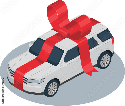 Isometric luxury white SUV with red ribbon bow, car gift concept celebration purchase surprise premium automobile holiday vector illustration