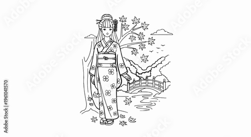 A young woman in a floral kimono stands near a tree with autumn leaves falling