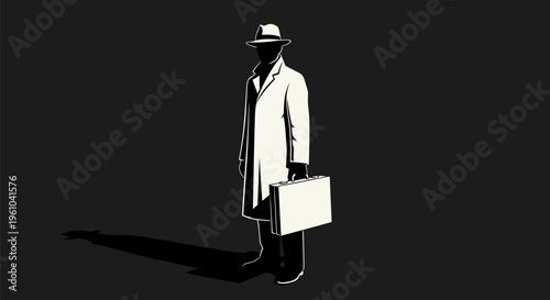 Silhouette of a man in a trench coat and fedora holding a briefcase on a dark background with a long shadow
