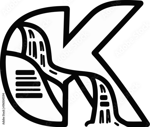 Abstract black and white depiction of cascading water within a stylized letter