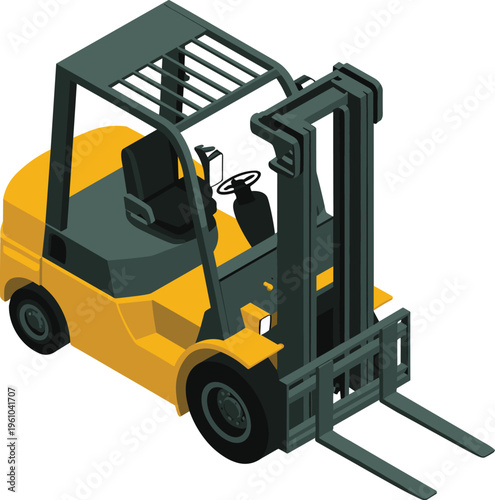 Isometric yellow forklift truck, warehouse industrial equipment cargo handling vehicle logistics transport lifting machine vector illustration isolated on background