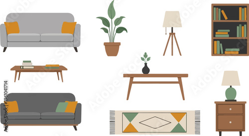 Cozy living room elements sofas, tables, bookshelf, plants, lamps, rug