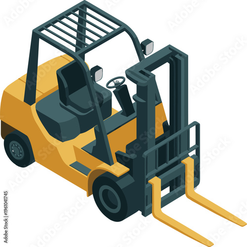 Isometric yellow forklift truck, warehouse industrial logistics equipment cargo handling vehicle lifting transport machine vector illustration isolated background