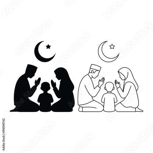 Muslim families praying together featuring crescent moons and stars